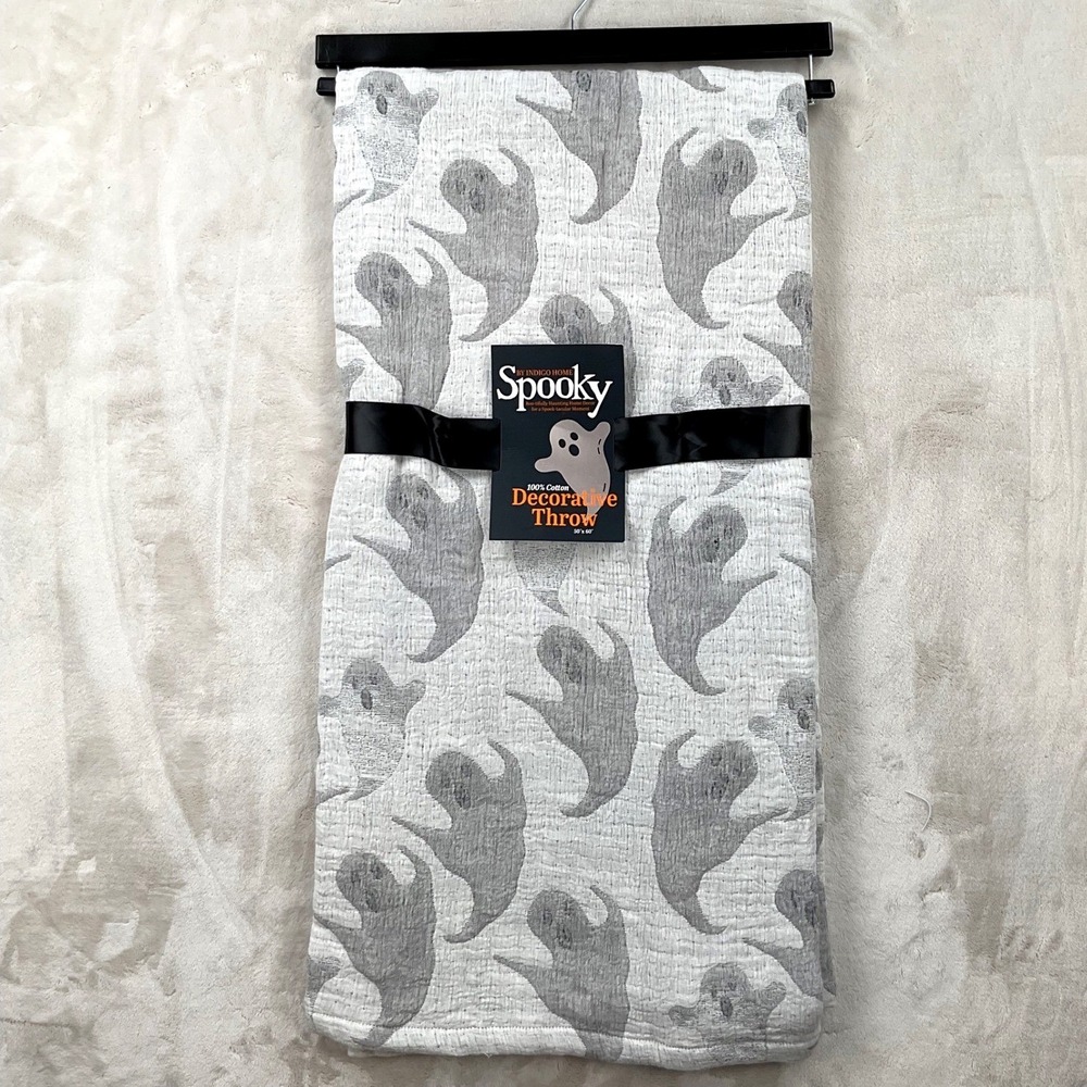 Indigo Home Spooky Ghost Throw Blanket Grey White 100% Cotton 50x60 Halloween